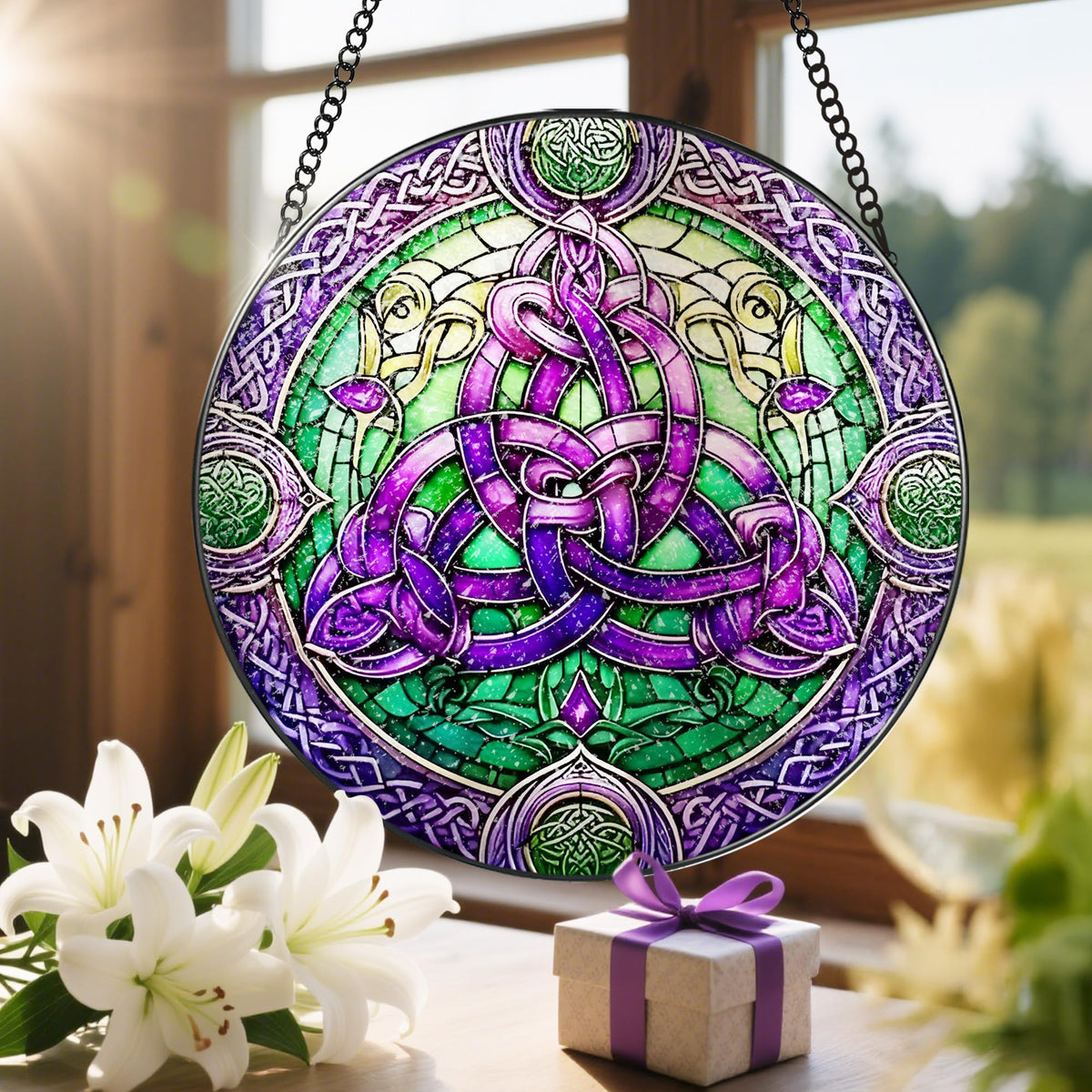 LAOWEIKI Celtic knot closeup shows intricate glasswork and color depth.