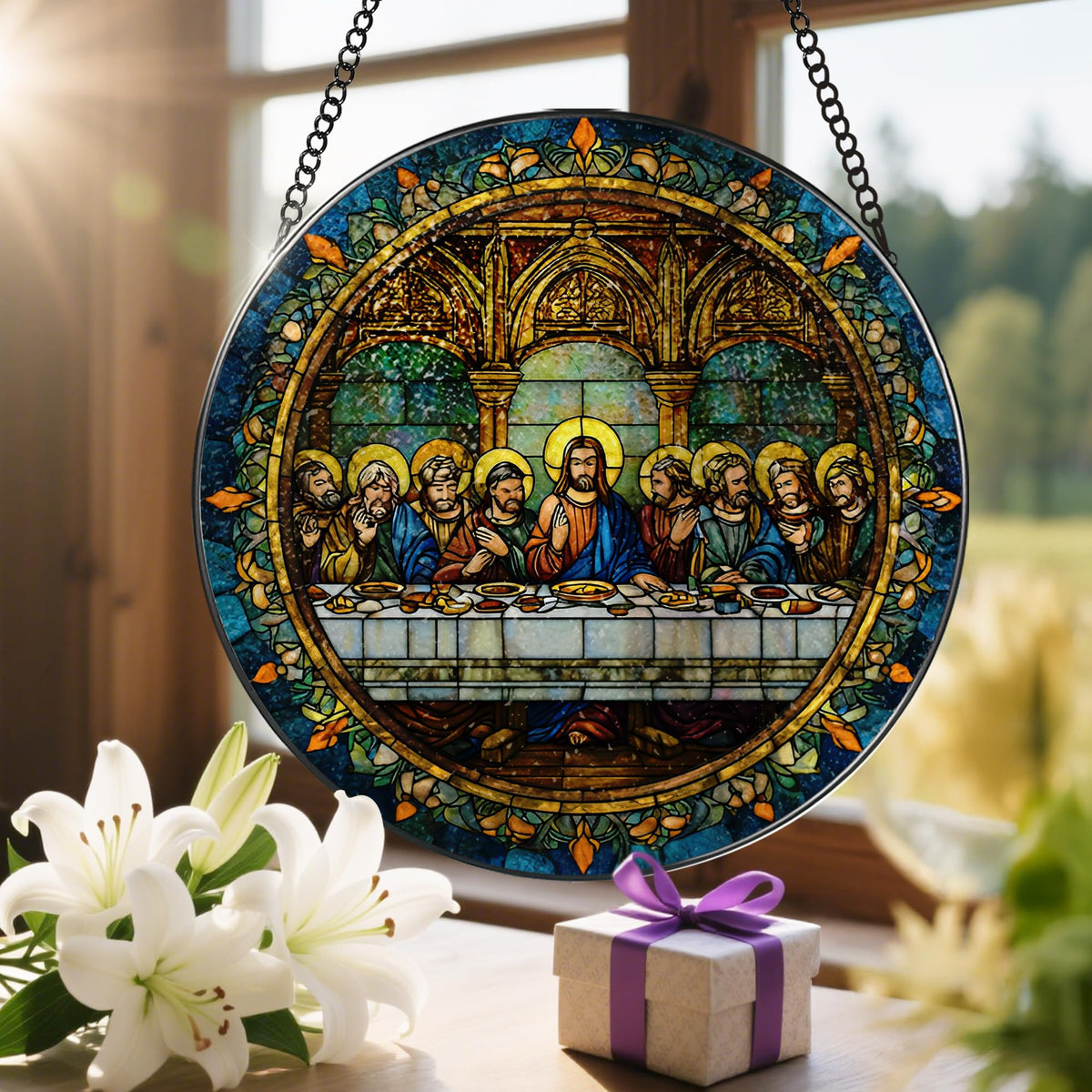 LAOWEIKI Christian home decor elevates ambiance with warm stained glass glow