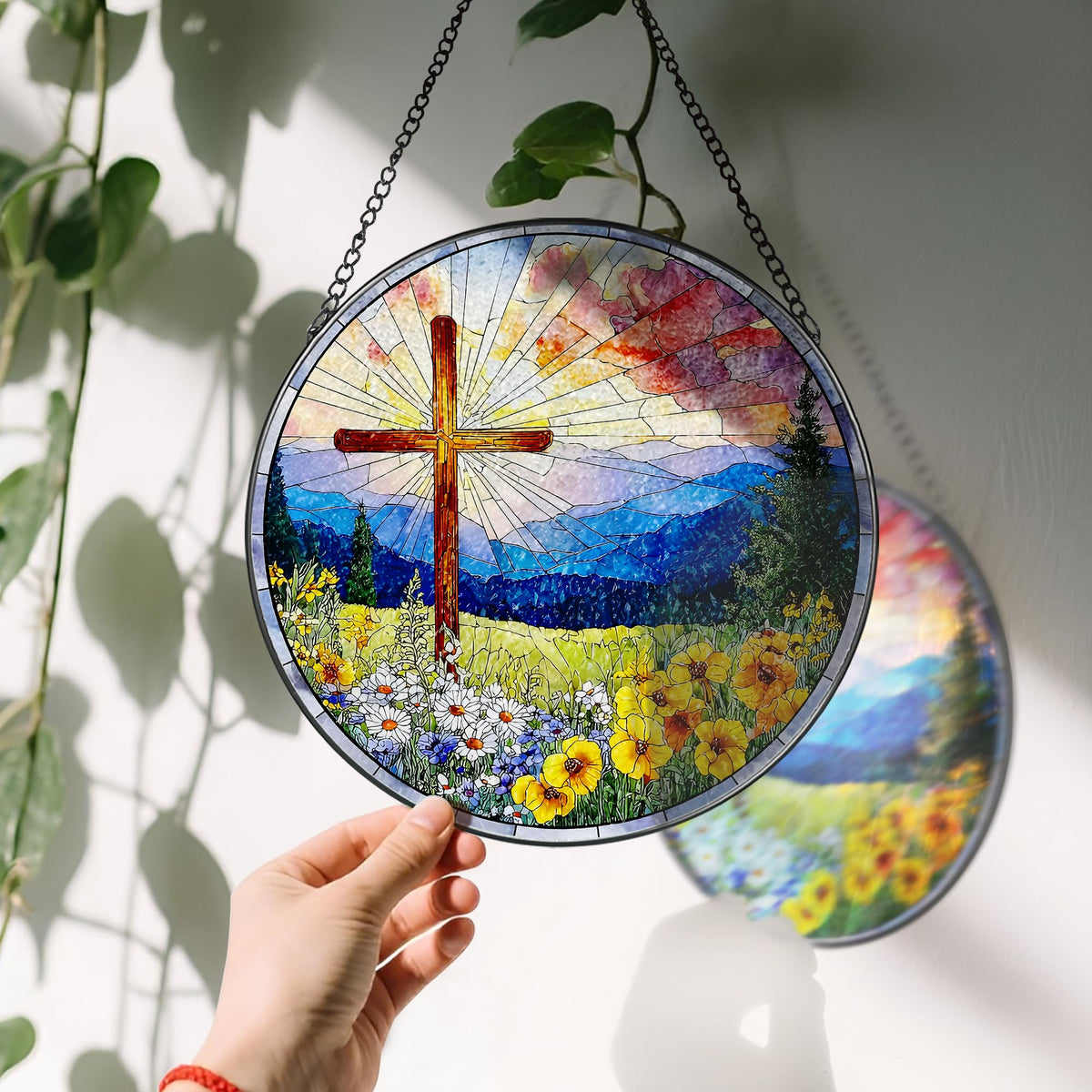 LAOWEIKI Christian suncatcher cross with floral motif brightens spaces with soft light
