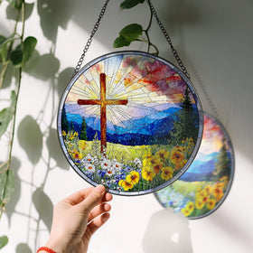 LAOWEIKI Christian suncatcher cross with floral motif brightens spaces with soft light
