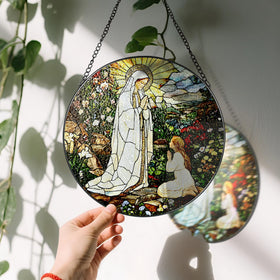 LAOWEIKI cross and wildflowers suncatcher reflects sunlight for uplifting decor.