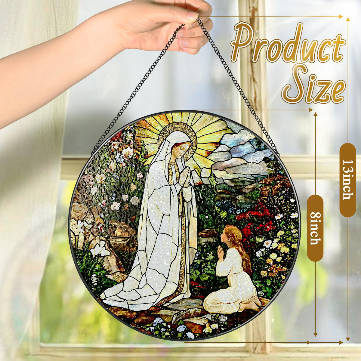 LAOWEIKI Lady of Lourdes window hanging suncatcher adds warm, colorful glow.