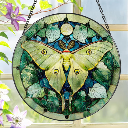 LAOWEIKI Luna Moth Suncatcher in window: vibrant colors brighten your daylight
