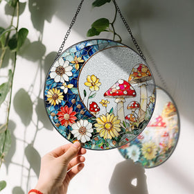 LAOWEIKI mushroom suncatcher with black frame delivers lasting color in bright light.