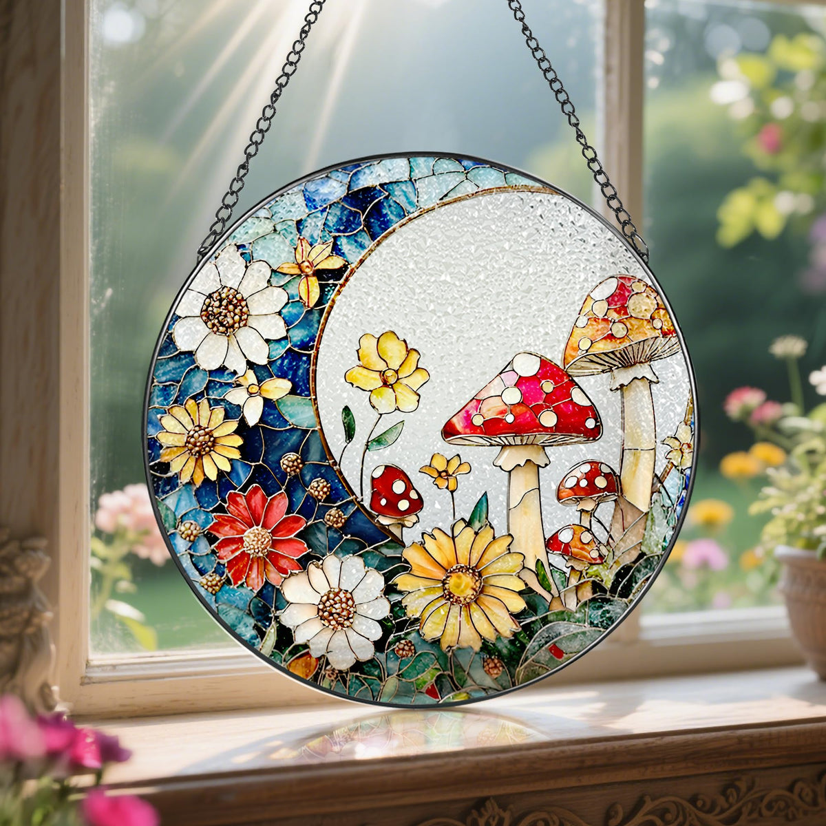 LAOWEIKI mushroom suncatcher decor enhances homes, gardens, and patios with sunlit color.