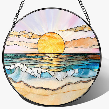LAOWEIKI Ocean Sunset suncatcher in sunlight; vivid colors in window
