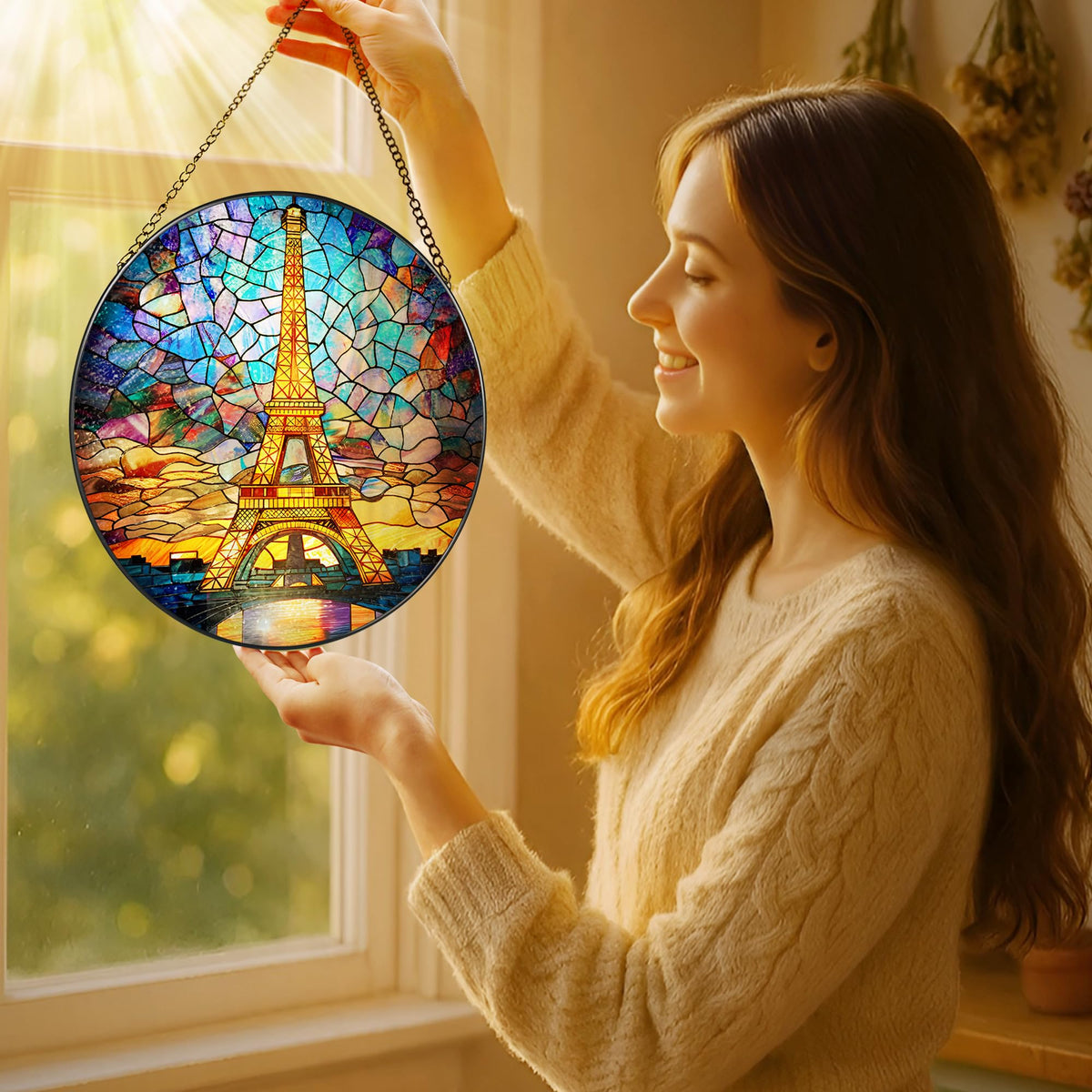 Close-up of vibrant stained glass colors on LAOWEIKI suncatcher.