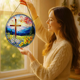 LAOWEIKI stained glass cross window hanging adds warm hues to any room