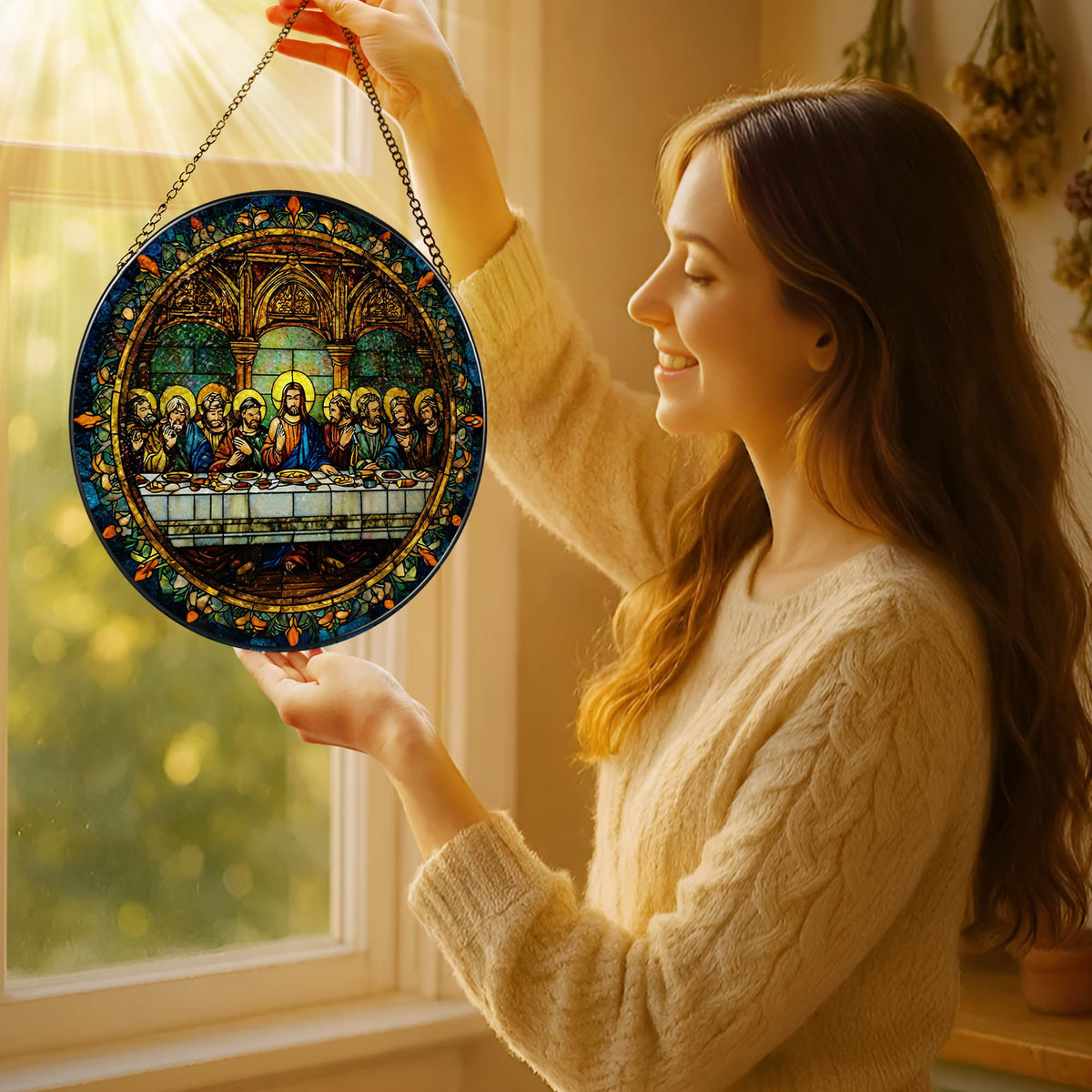 LAOWEIKI stained glass Last Supper ornament brightens windows with vibrant hues