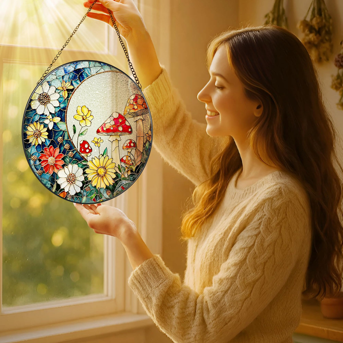 LAOWEIKI stained glass mushroom suncatcher in window creates a rainbow glow.