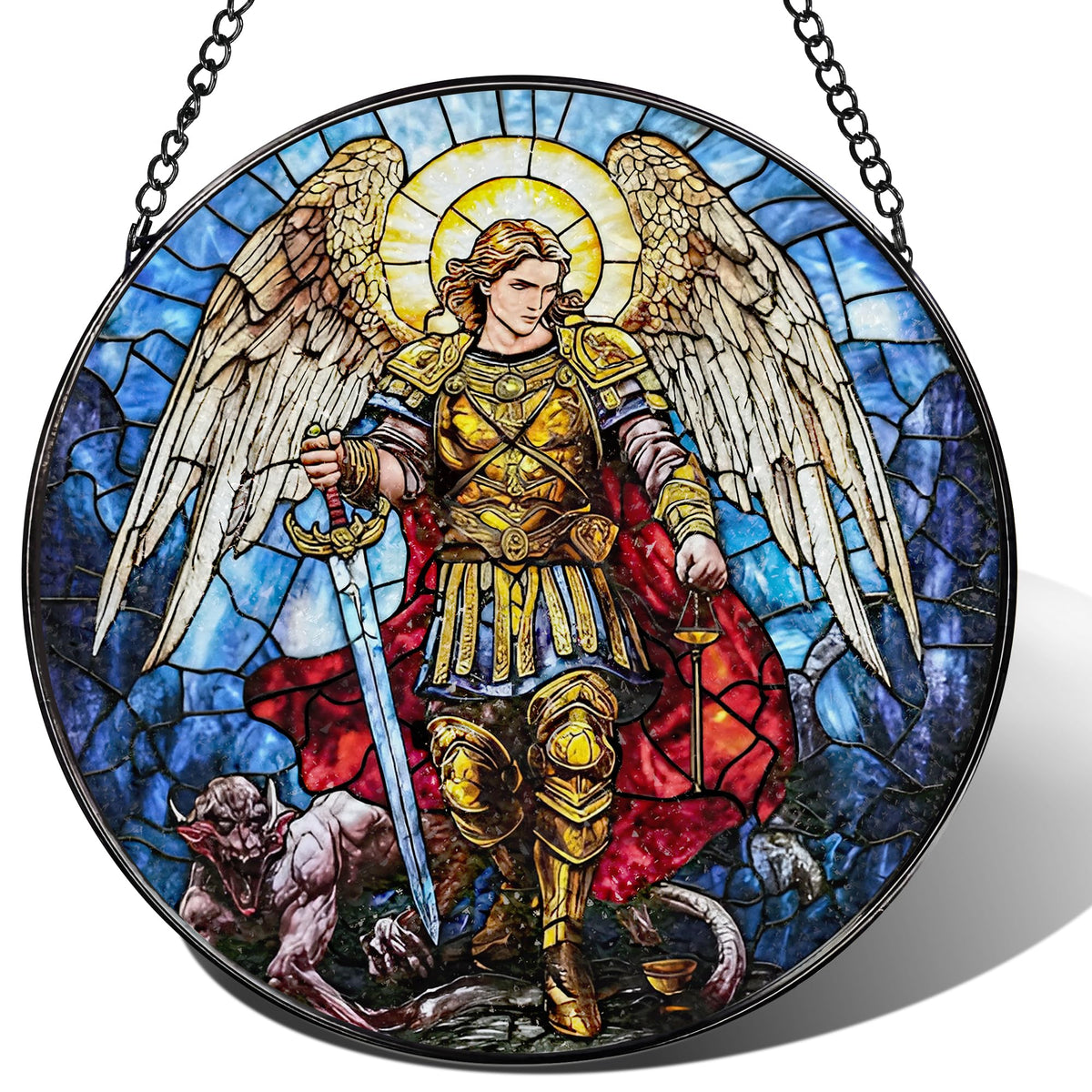 LAOWEIKI stained glass suncatcher Archangel Michael catching sunlight with vibrant colors