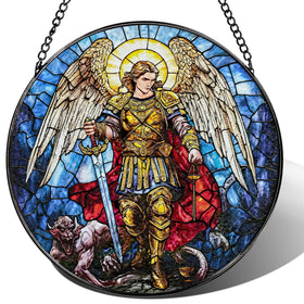 LAOWEIKI stained glass suncatcher Archangel Michael catching sunlight with vibrant colors
