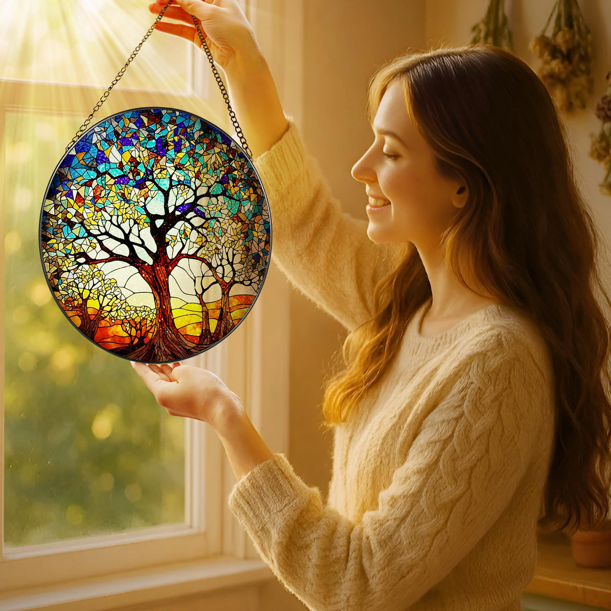 LAOWEIKI stained glass hanging displays vibrant colors in sunlight