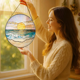 LAOWEIKI stained glass window hanging with black frame adds artistry