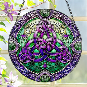 LAOWEIKI Celtic knot stained glass suncatcher adds colorful light to sunlit windows.