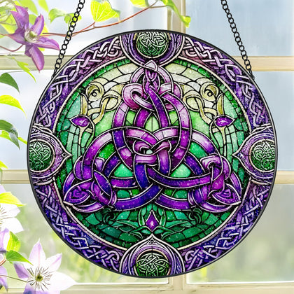 LAOWEIKI Celtic knot stained glass suncatcher adds colorful light to sunlit windows.