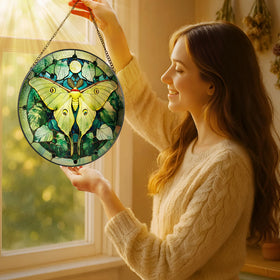 LAOWEIKI stained glass window hanging with a wavy frame adds timeless charm