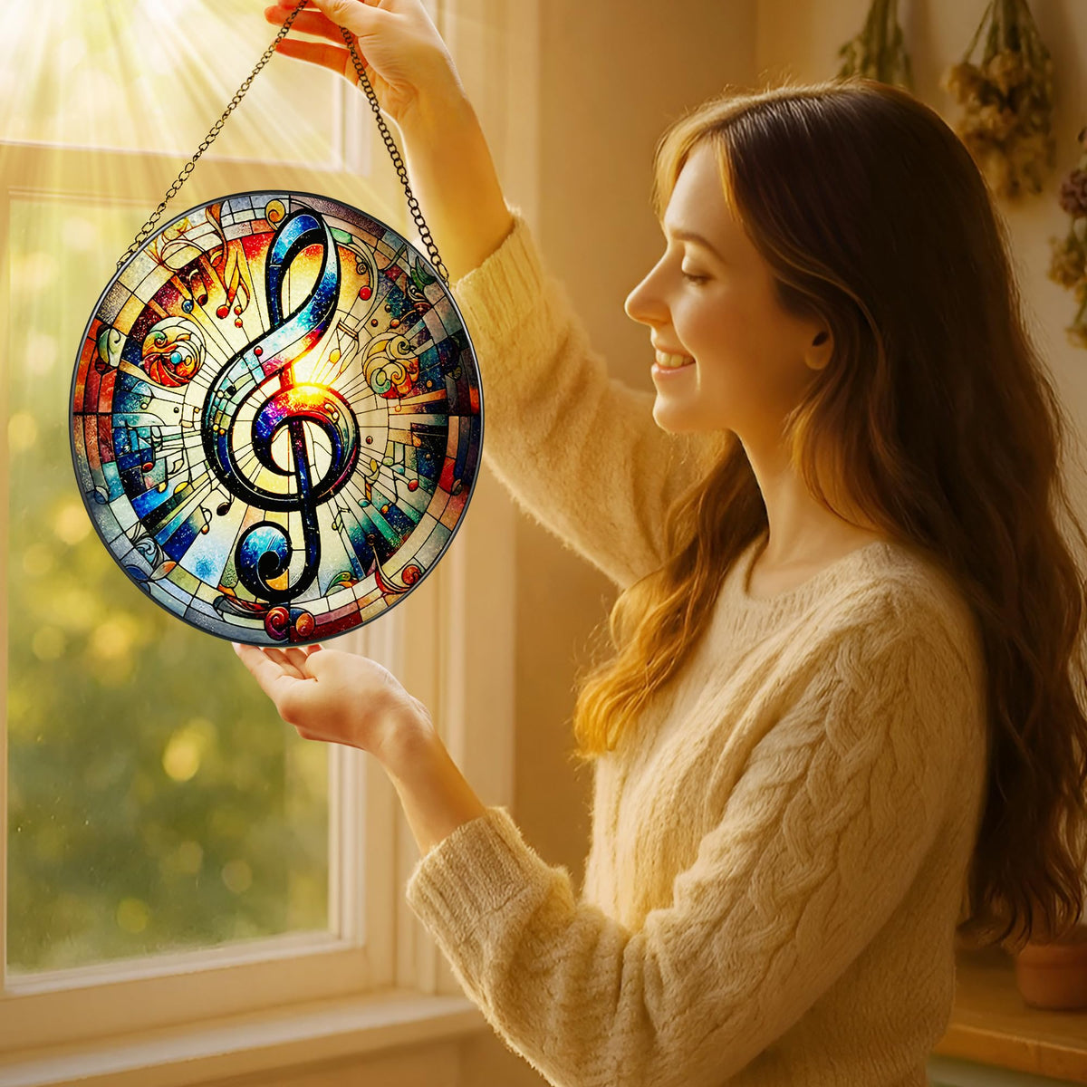 LAOWEIKI stained glass window hanging creates rainbow light indoors.