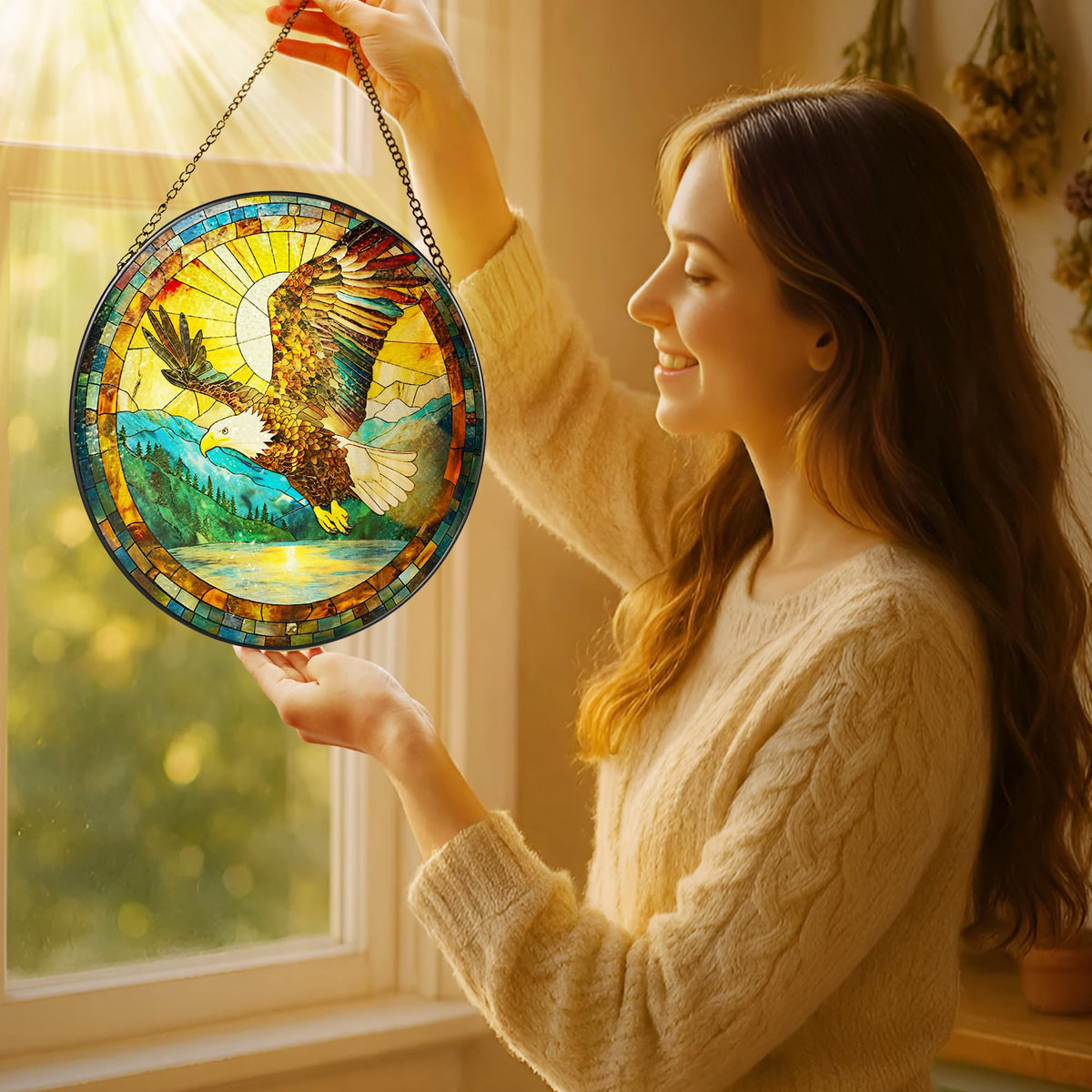 Laoweiki stained glass window hanging brightens interiors with artful light.