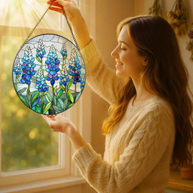LAOWEIKI stained glass window hanging with bluebonnet design on bright light