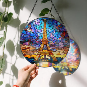 LAOWEIKI suncatcher framed in black metal with chain ready to hang.