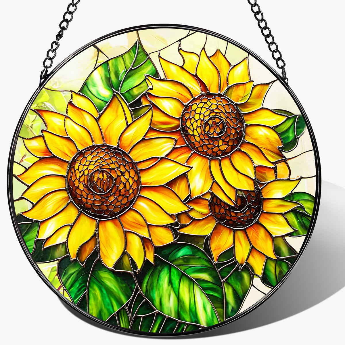 LAOWEIKI sunflower stained-glass suncatcher 8in catching sunlight with vibrant colors.