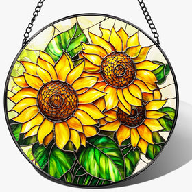 LAOWEIKI sunflower stained-glass suncatcher 8in catching sunlight with vibrant colors.