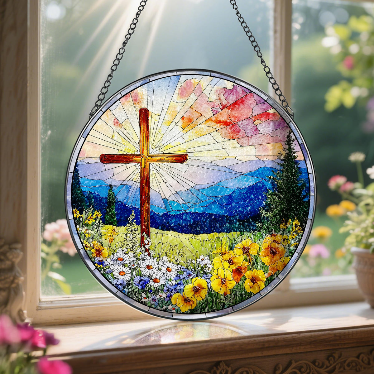 LAOWEIKI sunlit cross decor enhances windows with rainbow-colored light