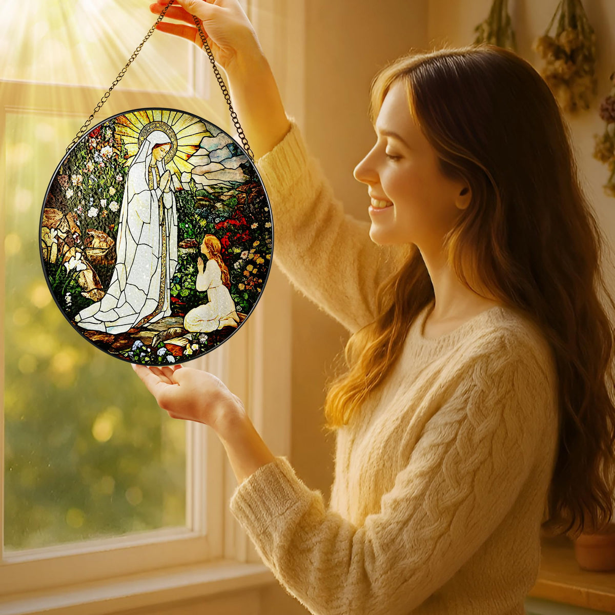 LAOWEIKI Virgin Mary stained glass suncatcher brings spiritual color to rooms.