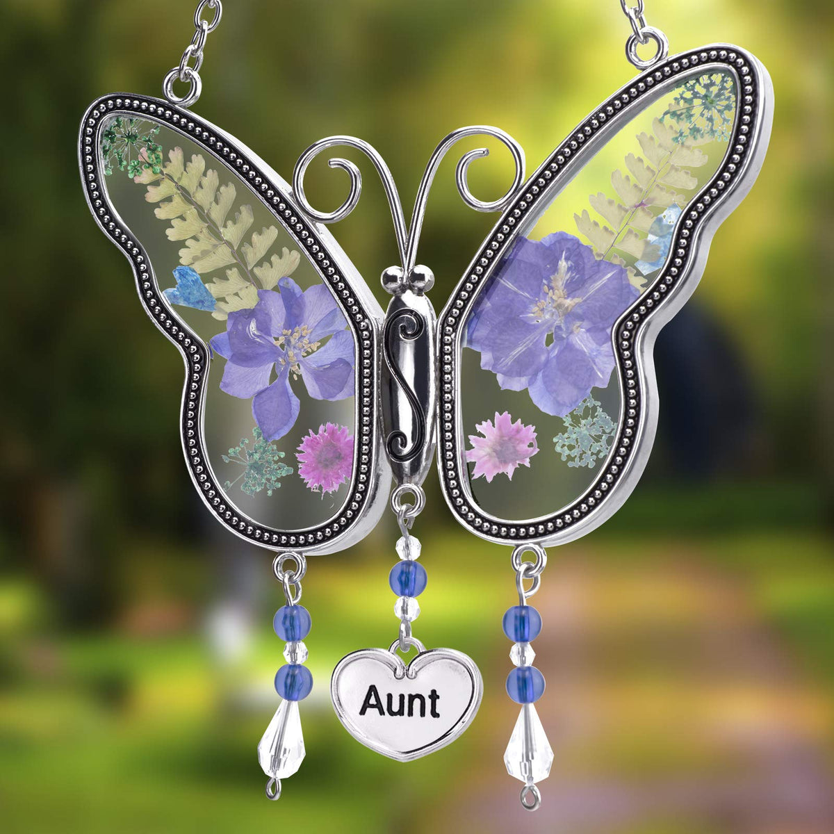 Laraine suncatcher close-up of glass wings with crystal accents