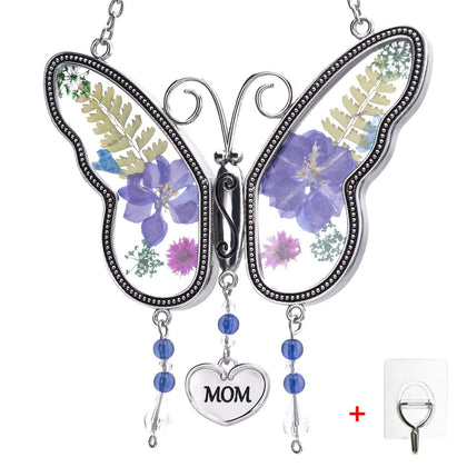 LARAINE butterfly suncatcher with pressed flowers shimmering in sunlight for bright décor
