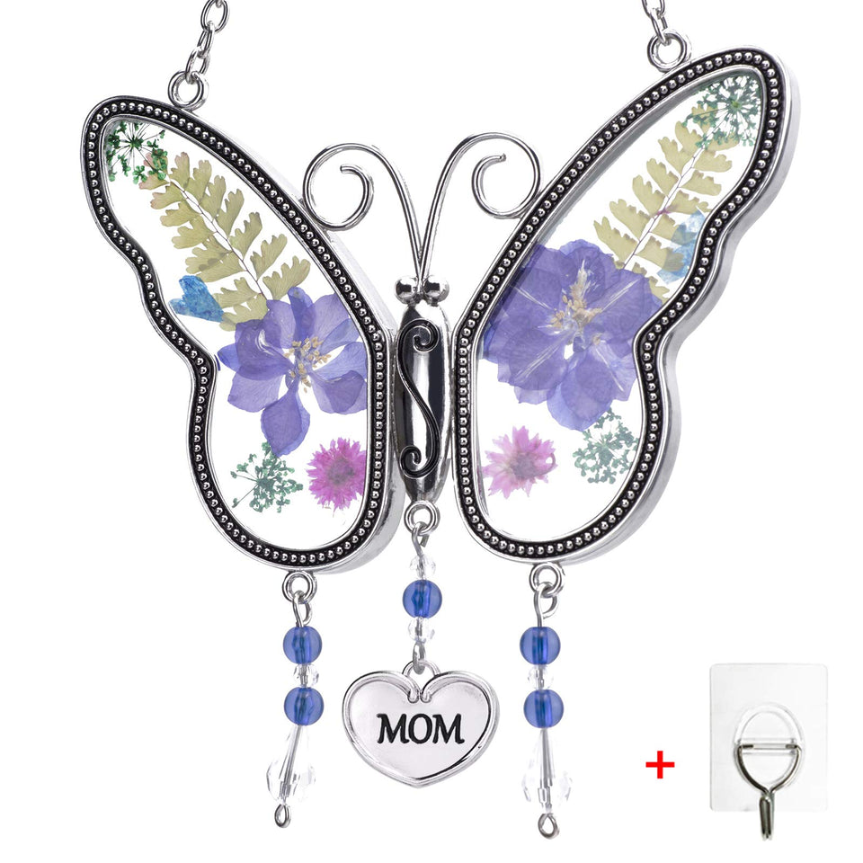 LARAINE butterfly suncatcher with pressed flowers shimmering in sunlight for bright décor