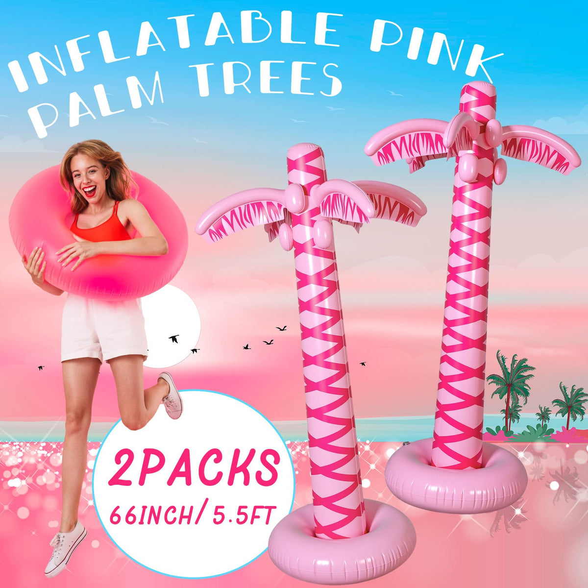 LaRandom pink palm trees inflatable used as a beach backdrop for tropical party