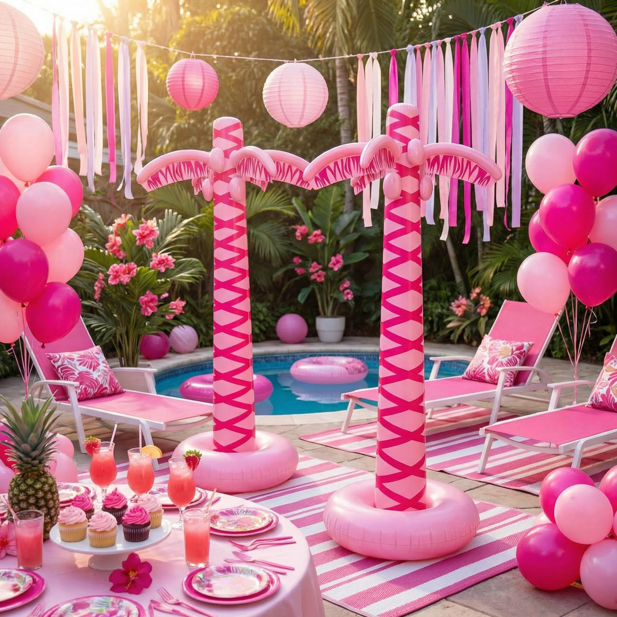 LaRandom pink palm trees by the poolside add island vibe and photo-worthy moments