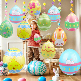 Larber colorful hanging Easter egg decor ready for yard parties.