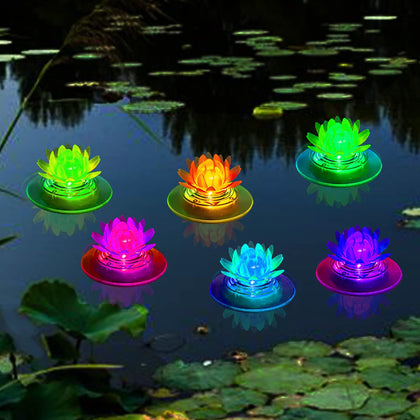 Larekook solar lotus pool light floats at dusk for ambiance.