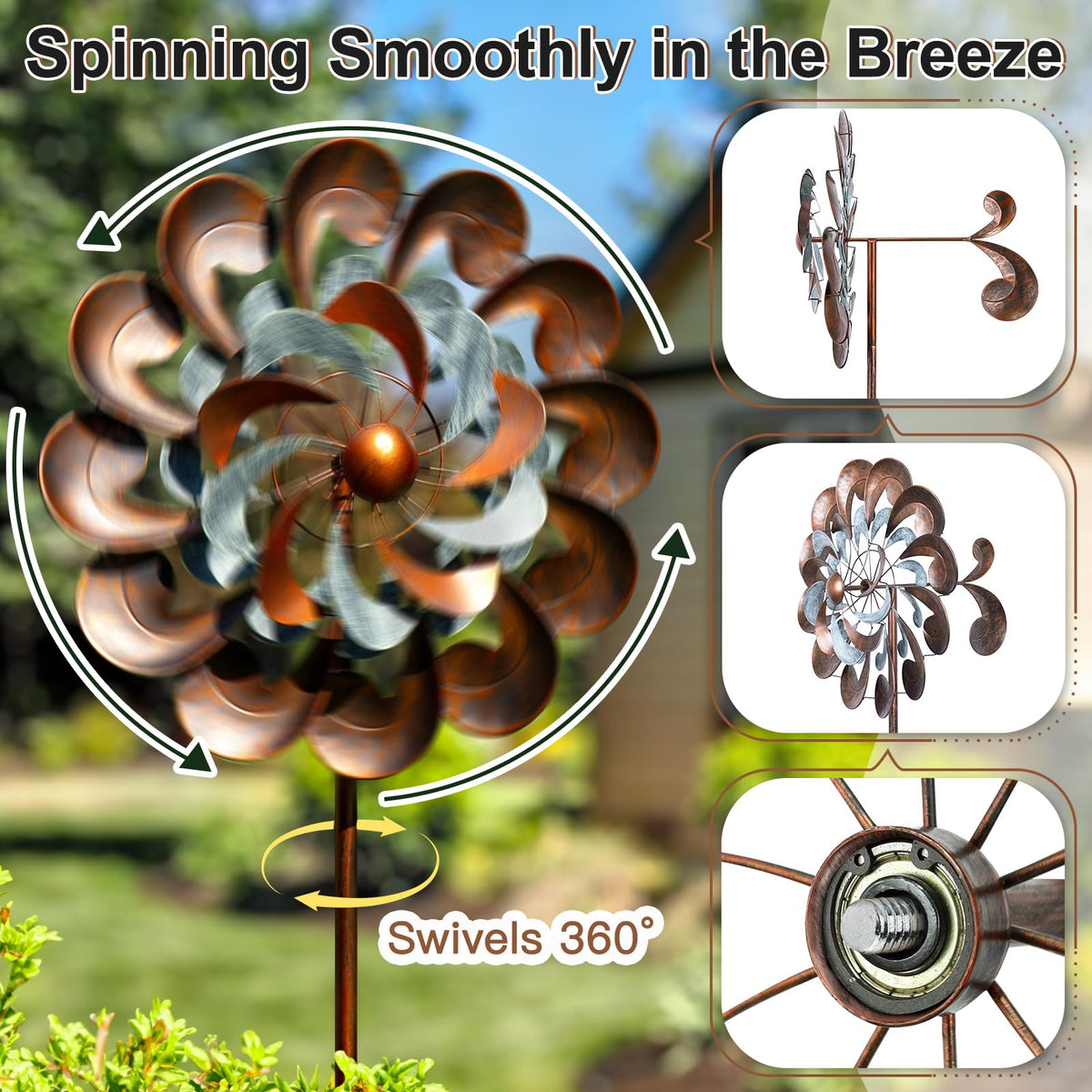 Lariander wind spinner 23-inch wheel demonstrates stable motion even in breezes.