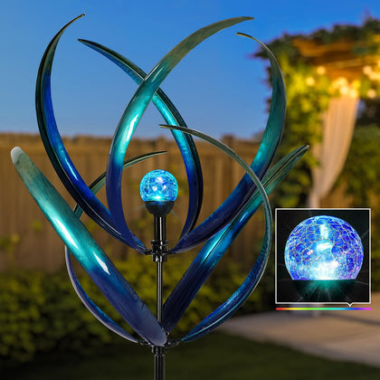 Lariander wind spinner 82-inch peacock blue front view enhances garden ambiance