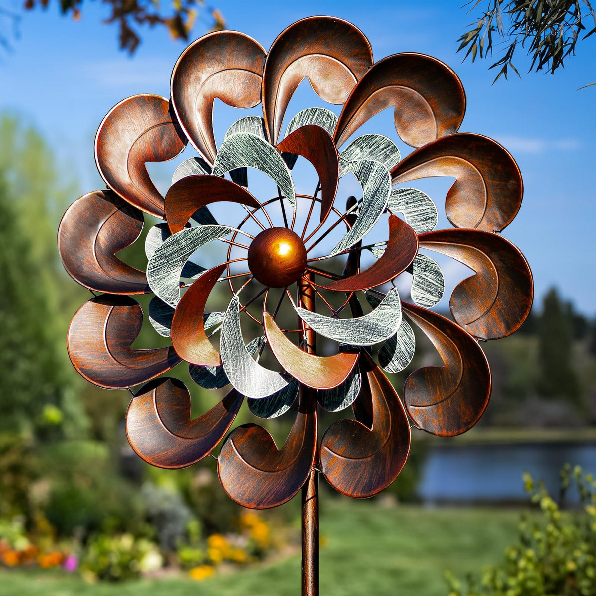 Lariander wind spinner 84-inch yard sculpture catches sunlight for striking curb appeal.