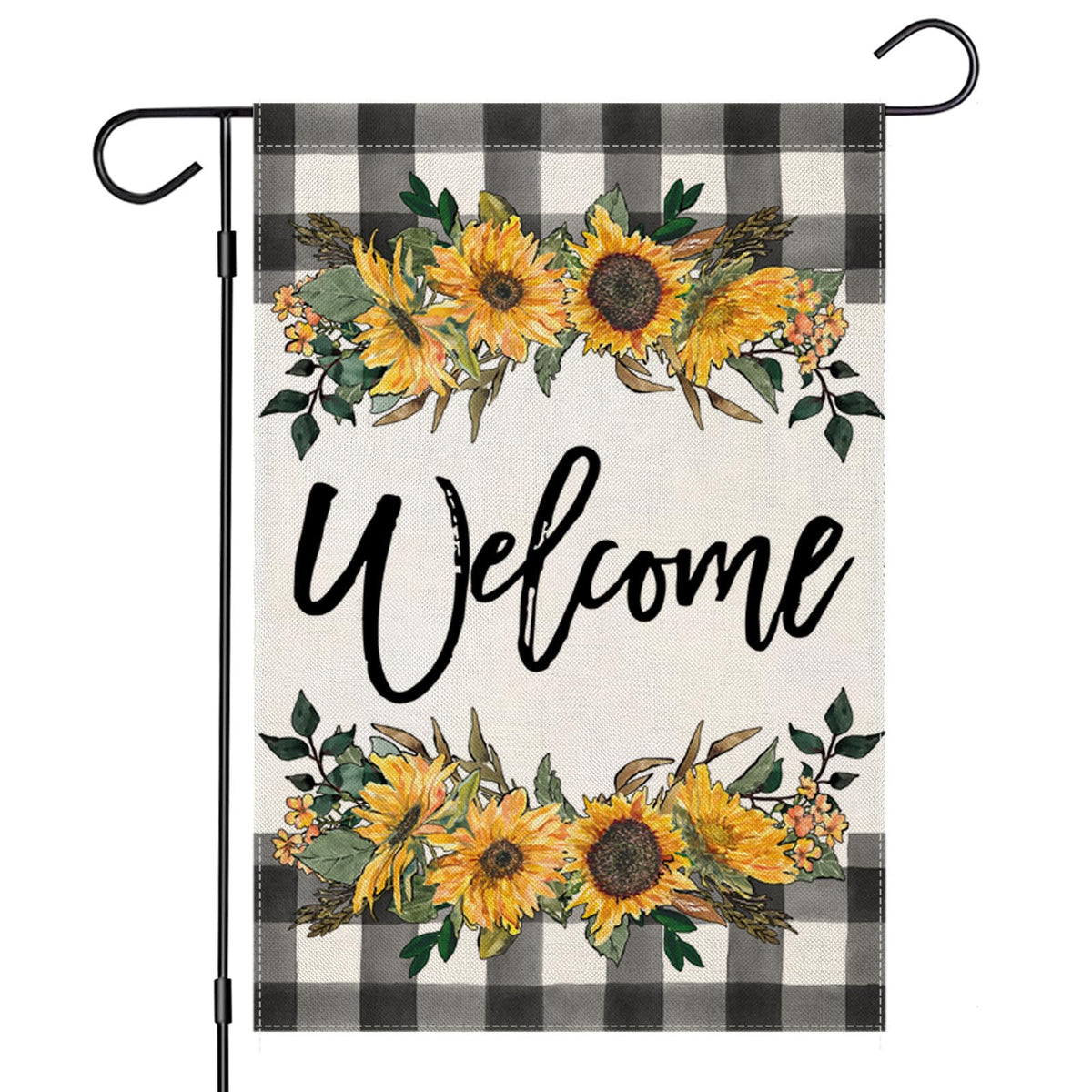 LARMOY Spring Welcome Sunflowers flag shows bold buffalo plaid and sunflowers for outdoor curb appeal.