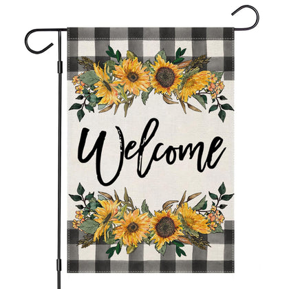 LARMOY Spring Welcome Sunflowers flag shows bold buffalo plaid and sunflowers for outdoor curb appeal.