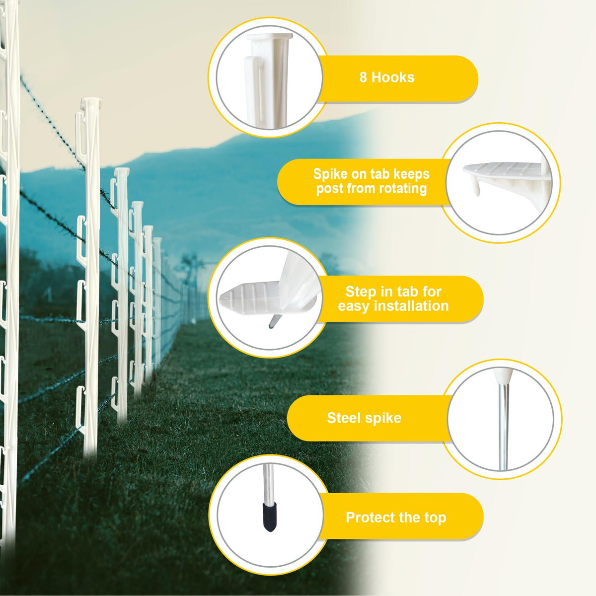 LARNORJE fence post with eight built-in clips to hold wire or tape securely.