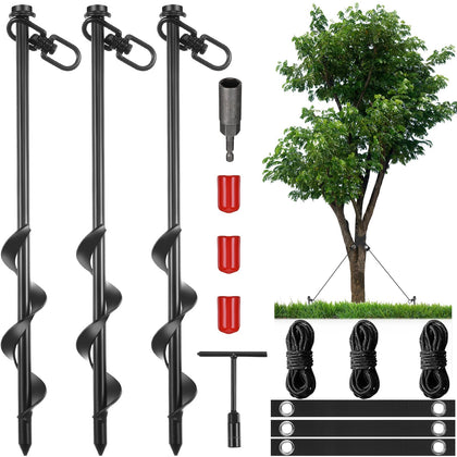 Lasnten tree stake kit shows spiral anchors providing sturdy ground support for young trees.