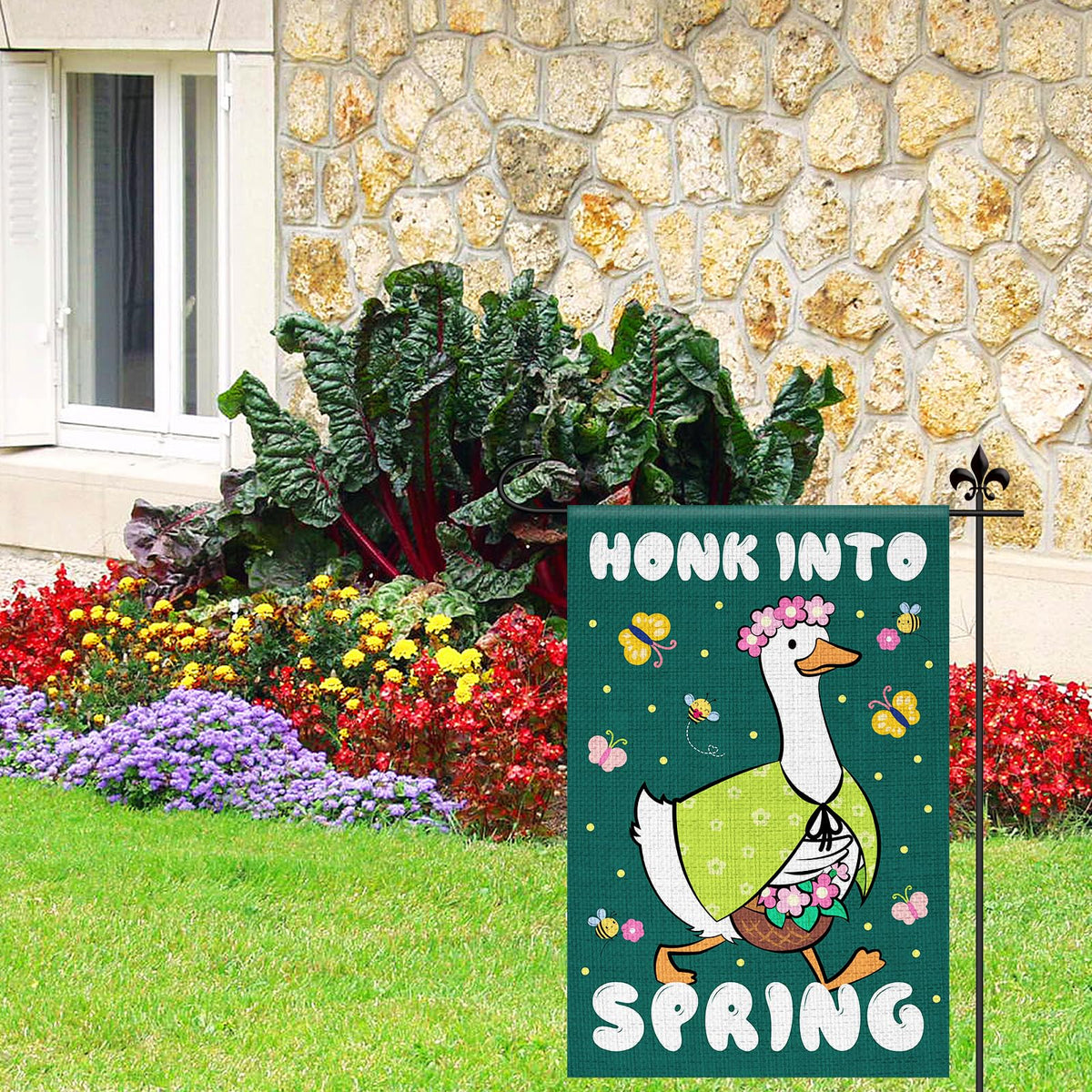 Lasuroa butterfly and bee spring flag for vibrant yard display