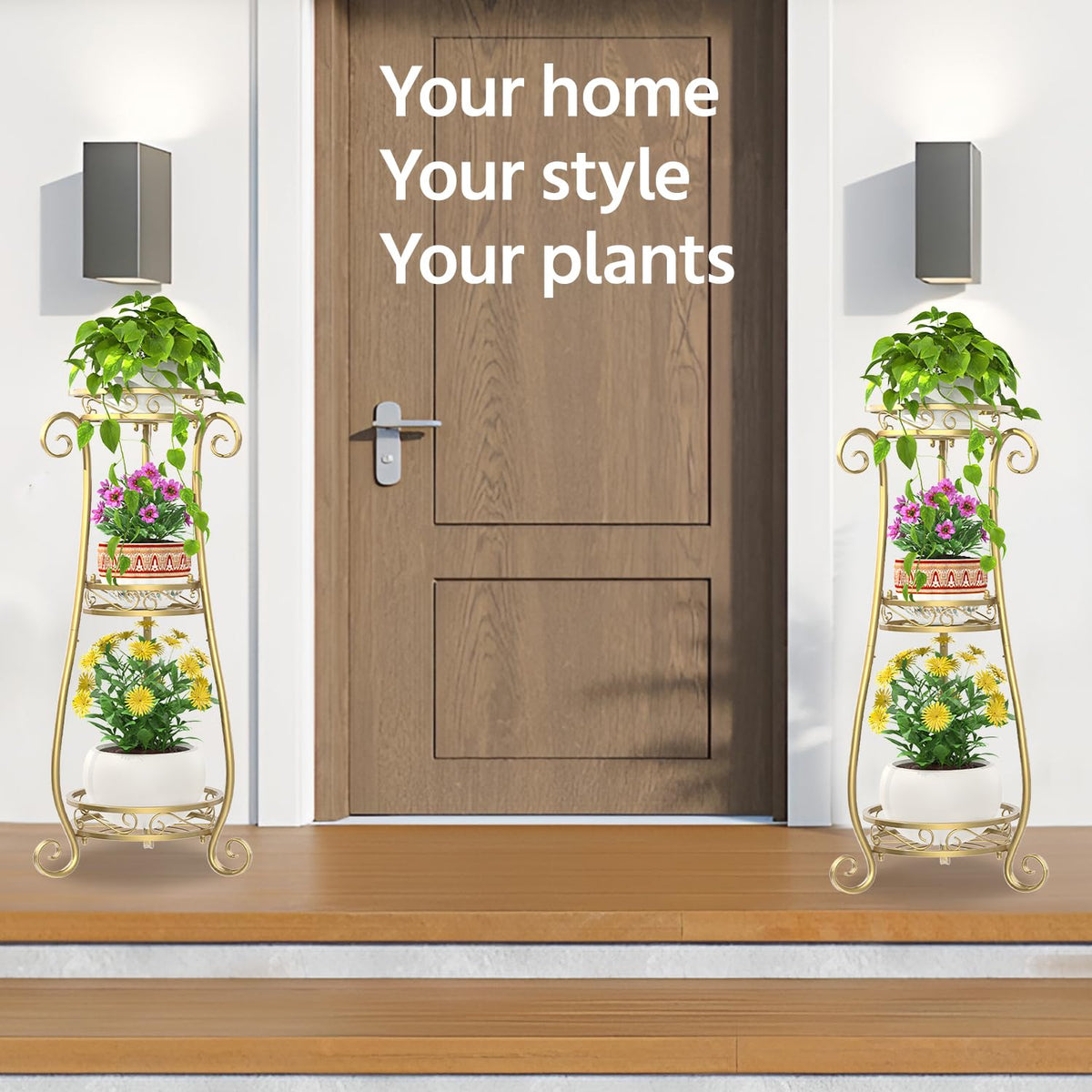 LASZOLA 3-tier gold plant stand front view with pots showcasing vertical storage