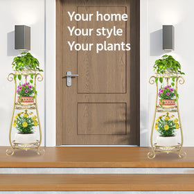 LASZOLA 3-tier gold plant stand front view with pots showcasing vertical storage