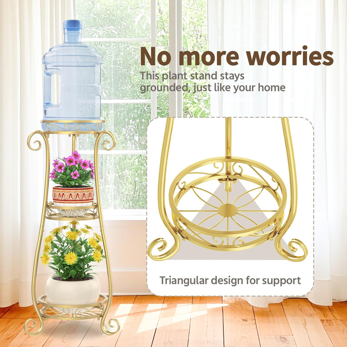 LASZOLA 3-tier gold plant stand in living room corner, stable and stylish
