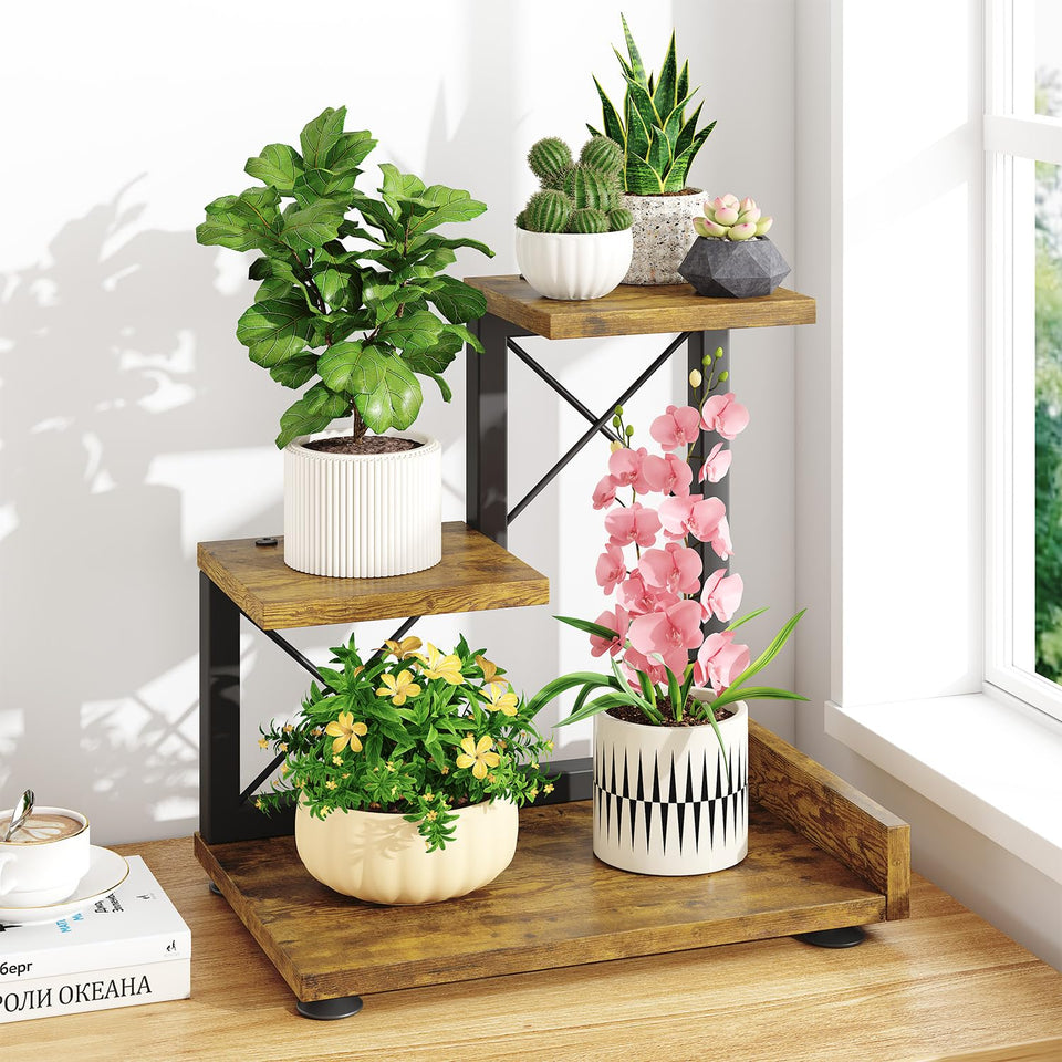LASZOLA 3-tier plant stand front view shows compact corner design for desks.