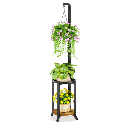 LASZOLA Black 2-Tier Plant Stand with hanging ring for elegant display