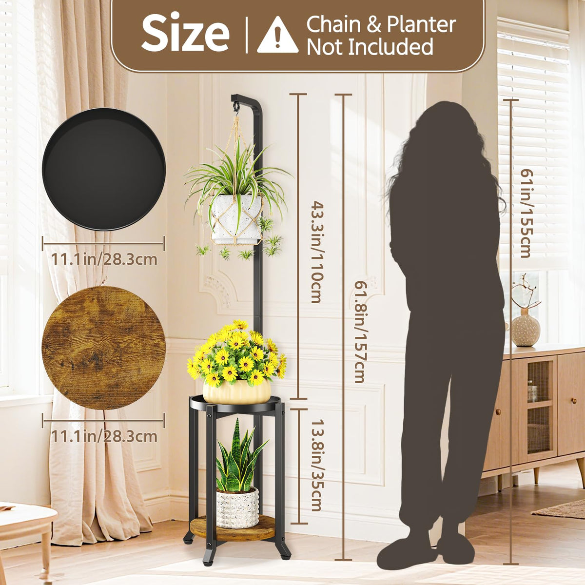 LASZOLA Black 2-Tier Plant Stand with wide trays for spacious arrangements